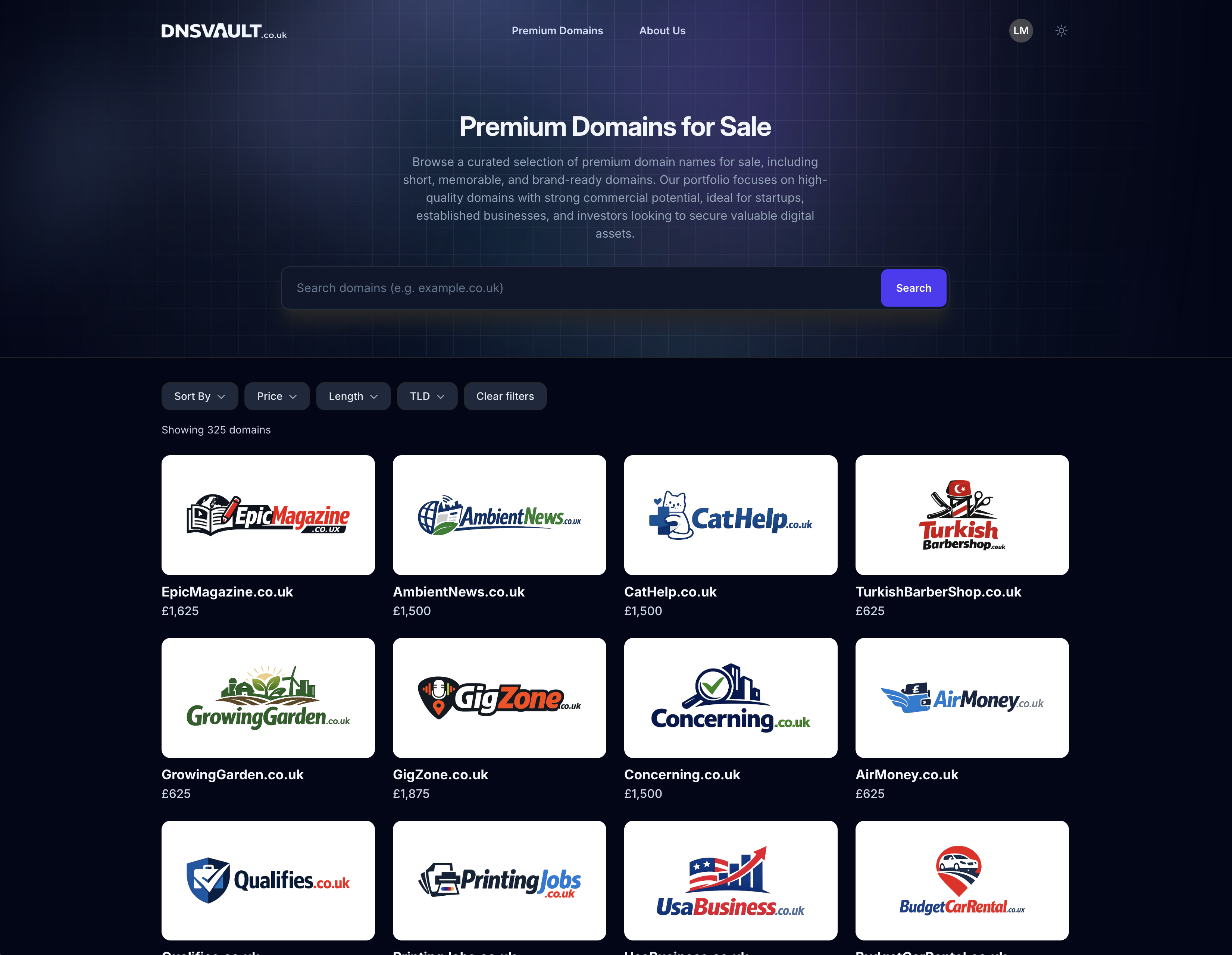 Premium UK domain portfolio interface